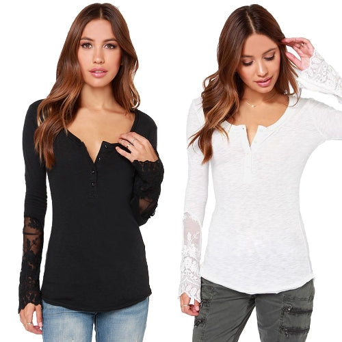 Casual Women Blouse Stitching Lace Mesh Splicing T-Shirt Long Sleeve Shirt Slim Leisure Top Black