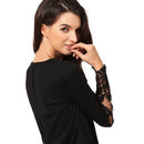 Casual Women Blouse Stitching Lace Mesh Splicing T-Shirt Long Sleeve Shirt Slim Leisure Top Black