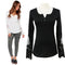 Casual Women Blouse Stitching Lace Mesh Splicing T-Shirt Long Sleeve Shirt Slim Leisure Top Black