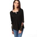 Casual Women Blouse Stitching Lace Mesh Splicing T-Shirt Long Sleeve Shirt Slim Leisure Top Black