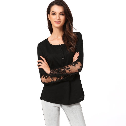 Casual Women Blouse Stitching Lace Mesh Splicing T-Shirt Long Sleeve Shirt Slim Leisure Top Black