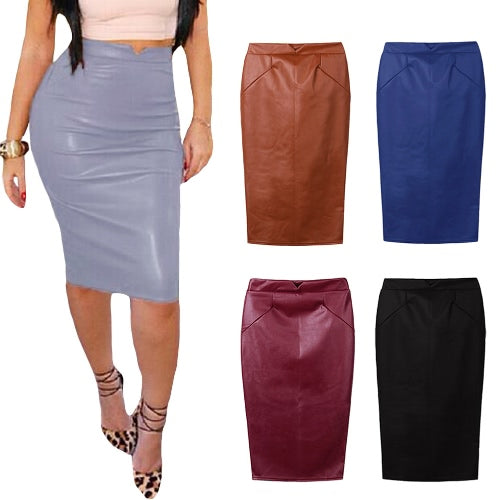 Europe Sexy Women Skirt PU Leather Solid Color Midi Pencil Skirts OL Casual Slim Clubwear