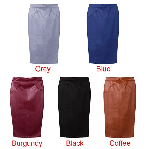 Europe Sexy Women Skirt PU Leather Solid Color Midi Pencil Skirts OL Casual Slim Clubwear