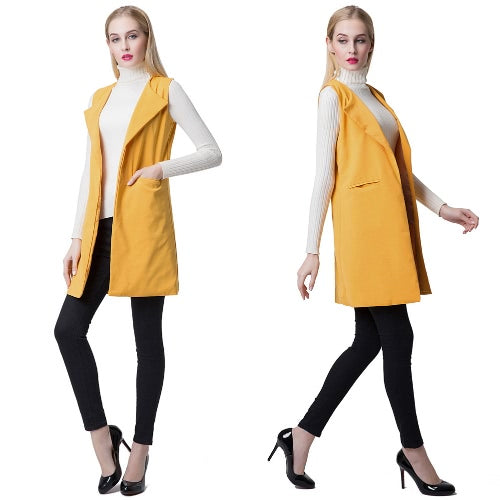 Europe Women Waistcoat Open Front Slit Hem Side Pockets Notched Collar Sleeveless Vest Gilet Outwear Yellow