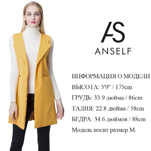 Europe Women Waistcoat Open Front Slit Hem Side Pockets Notched Collar Sleeveless Vest Gilet Outwear Yellow