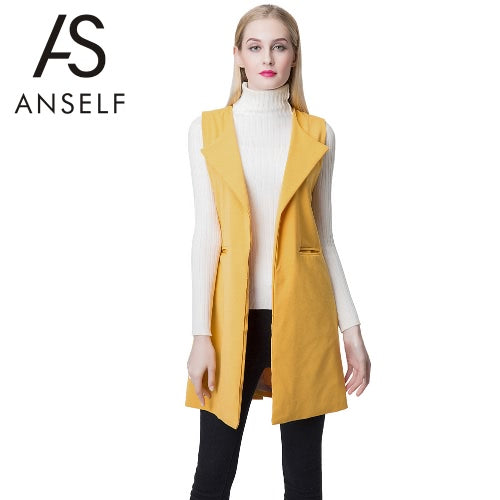 Europe Women Waistcoat Open Front Slit Hem Side Pockets Notched Collar Sleeveless Vest Gilet Outwear Yellow