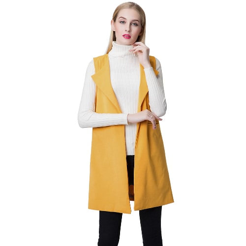 Europe Women Waistcoat Open Front Slit Hem Side Pockets Notched Collar Sleeveless Vest Gilet Outwear Yellow