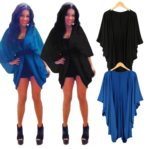 New Women Outerwear Open Front Batwing 3/4 Sleeves Street Style Loose Long Cardigan Coat Blue/Black