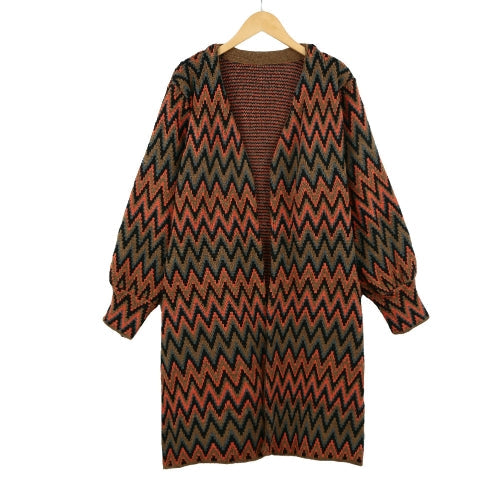 Stylish Contrast Wave Stripe V-neck Design Long Loose Knitted Cardigan