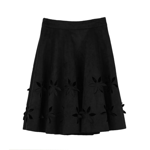 Chic Faux Suede Hollow Flower High Waist Pleated A-Line Women's Skirt