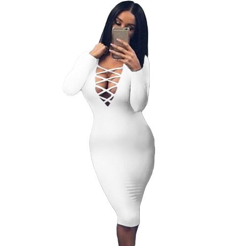 Sexy Women Plunge V Neck Criss Cross Strap Design Long Sleeve Bodycon Midi Dress