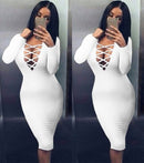 Sexy Women Plunge V Neck Criss Cross Strap Design Long Sleeve Bodycon Midi Dress