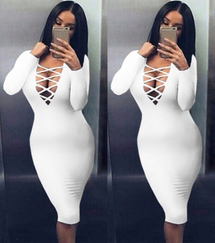 Sexy Women Plunge V Neck Criss Cross Strap Design Long Sleeve Bodycon Midi Dress