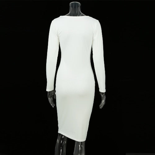 Sexy Women Plunge V Neck Criss Cross Strap Design Long Sleeve Bodycon Midi Dress