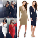 Sexy Women Plunge V Neck Criss Cross Strap Design Long Sleeve Bodycon Midi Dress