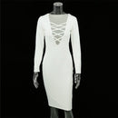 Sexy Women Plunge V Neck Criss Cross Strap Design Long Sleeve Bodycon Midi Dress