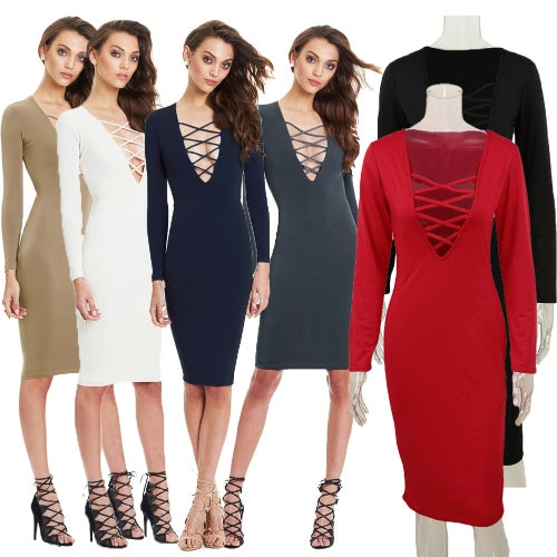 Sexy Women Plunge V Neck Criss Cross Strap Design Long Sleeve Bodycon Midi Dress