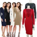 Sexy Women Plunge V Neck Criss Cross Strap Design Long Sleeve Bodycon Midi Dress