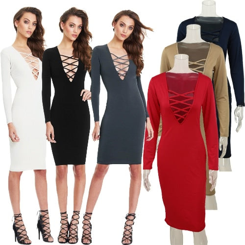 Sexy Women Plunge V Neck Criss Cross Strap Design Long Sleeve Bodycon Midi Dress