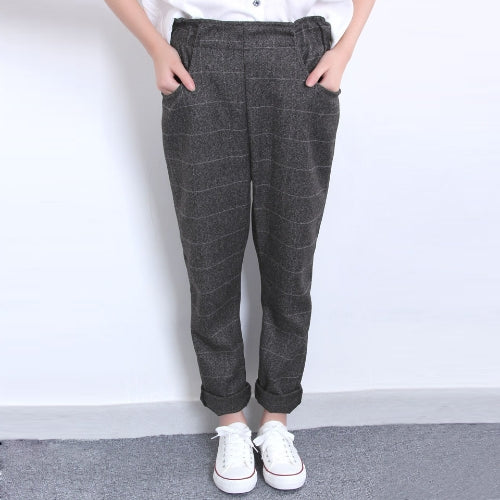 Casual Women Harem Pants with Plaid Tartan Elastic Waist Pockets Pants