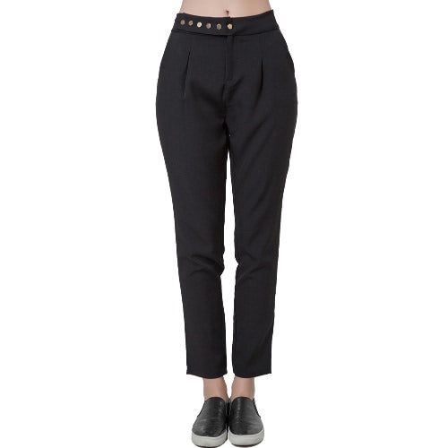 Casual Solid Press Stud Closure Slant Pocket Women's Straight Pants