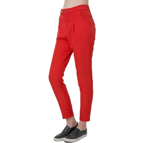 Casual Solid Press Stud Closure Slant Pocket Women's Straight Pants