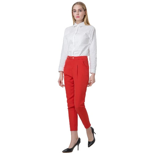 Casual Solid Press Stud Closure Slant Pocket Women's Straight Pants