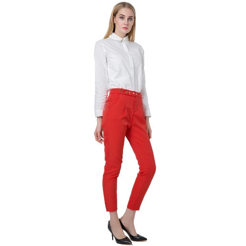 Casual Solid Press Stud Closure Slant Pocket Women's Straight Pants