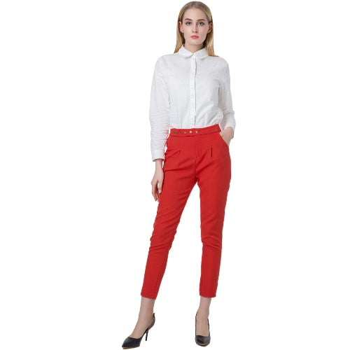 Casual Solid Press Stud Closure Slant Pocket Women's Straight Pants