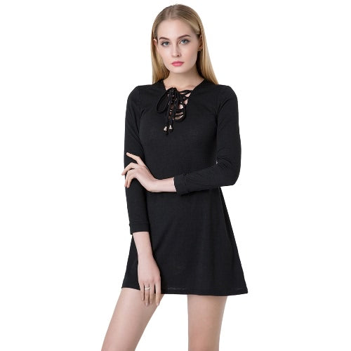 Casual Women V Neck Long Sleeve Lace Up Slim Party Skater Mini Dress