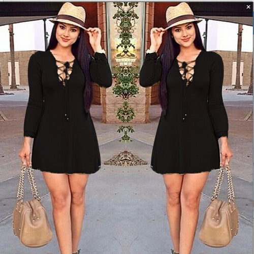 Casual Women V Neck Long Sleeve Lace Up Slim Party Skater Mini Dress