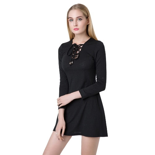 Casual Women V Neck Long Sleeve Lace Up Slim Party Skater Mini Dress