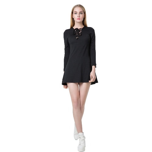 Casual Women V Neck Long Sleeve Lace Up Slim Party Skater Mini Dress