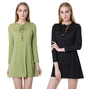 Casual Women V Neck Long Sleeve Lace Up Slim Party Skater Mini Dress