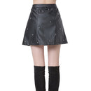 Fashion Women PU Leather Skirt Beading High Waist Back Zipper Slim Pleated A-Line Skirt