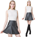 Fashion Women PU Leather Skirt Beading High Waist Back Zipper Slim Pleated A-Line Skirt