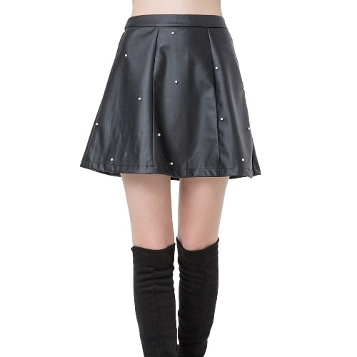 Fashion Women PU Leather Skirt Beading High Waist Back Zipper Slim Pleated A-Line Skirt