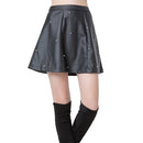 Fashion Women PU Leather Skirt Beading High Waist Back Zipper Slim Pleated A-Line Skirt