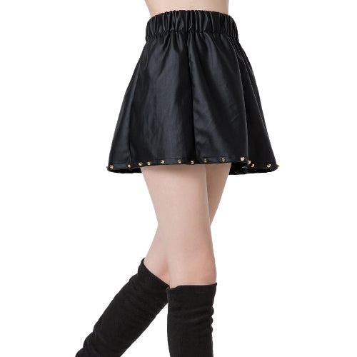 Chic Women PU Leather Rivet Elastic Waistband A-Line Mini Skirt