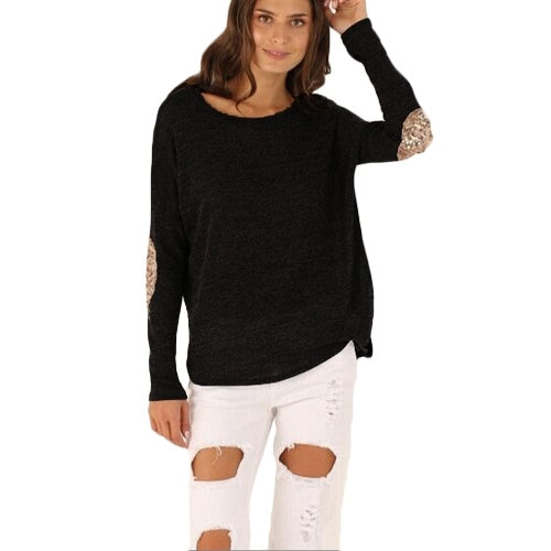 Casual Round Neck Long Sleeve Glittering Splice Irregular Hem Tops Women's T-shirt