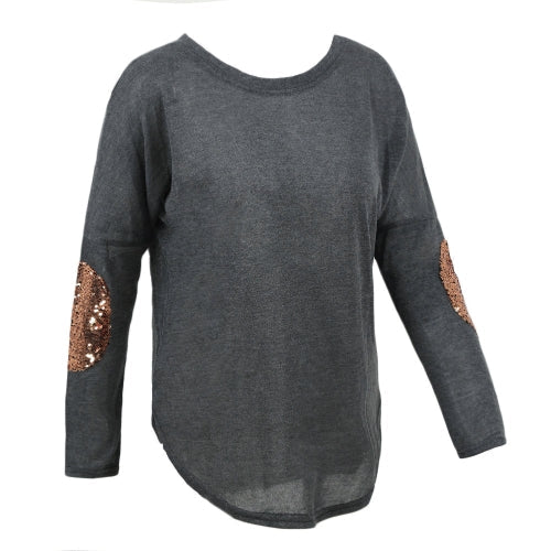 Casual Round Neck Long Sleeve Glittering Splice Irregular Hem Tops Women's T-shirt