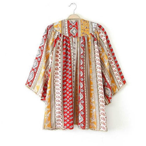 New Vintage Women Chiffon Kimono Floral Print Indian Style Casual Loose Boho Cardigan Thin Coat Red