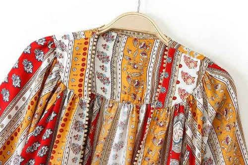 New Vintage Women Chiffon Kimono Floral Print Indian Style Casual Loose Boho Cardigan Thin Coat Red