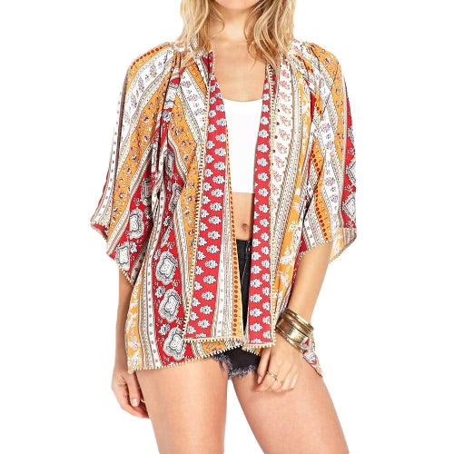 New Vintage Women Chiffon Kimono Floral Print Indian Style Casual Loose Boho Cardigan Thin Coat Red