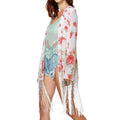 New Women Chiffon Outerwear Open Front Floral Print Tassel Long Sleeves Thin Elegant Loose Cardigan Coat Red