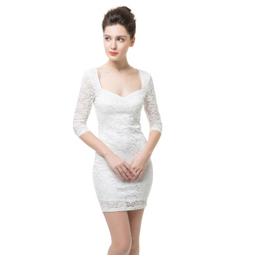 Sexy Floral Sweetheart Neck Half Sleeve Women's Slim White Mini Lace Dress