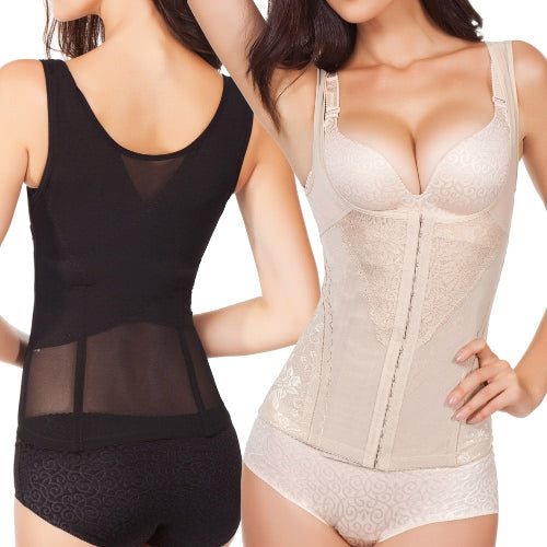 Women Floral Bodysuits Slimming Shapewear Underbust Waist Cincher Mesh Body Shaper Corsets Black/Beige