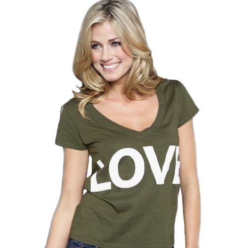 New Fashion Women T-Shirt Letter Print V-Neck Short Sleeve Solid Color Top Black/Green