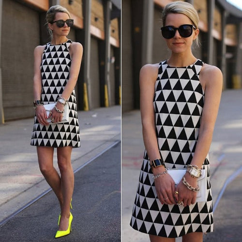 New Sexy Women Sleeveless A-Line Mini Dress Geometric Print Party Evening Shift Dress Black