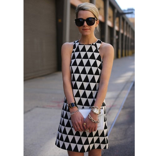 New Sexy Women Sleeveless A-Line Mini Dress Geometric Print Party Evening Shift Dress Black